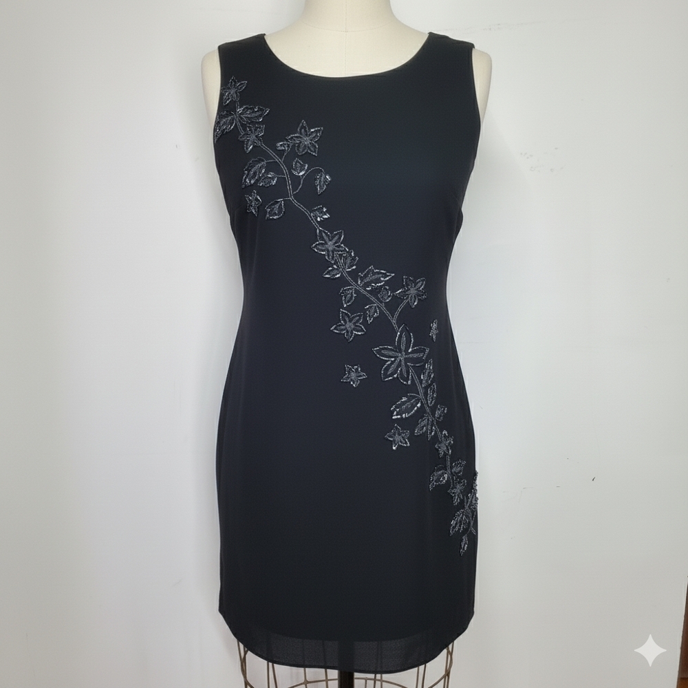 Liz Claiborne Size S/M Dress Mini Black Chiffon Floral Beaded Sleeveless Lined